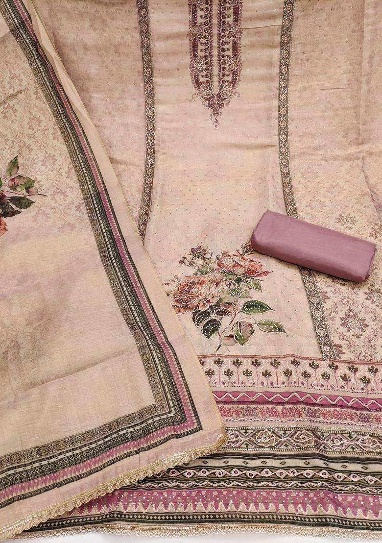 Beige Embroidery Silk Salwar Kameez - Indya
