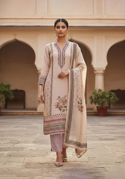 Beige Embroidery Silk Salwar Kameez