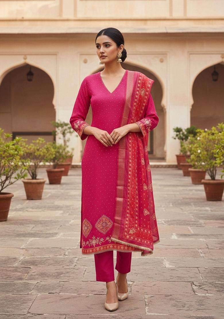 Pink Embroidery Cotton Salwar Kameez - Indya