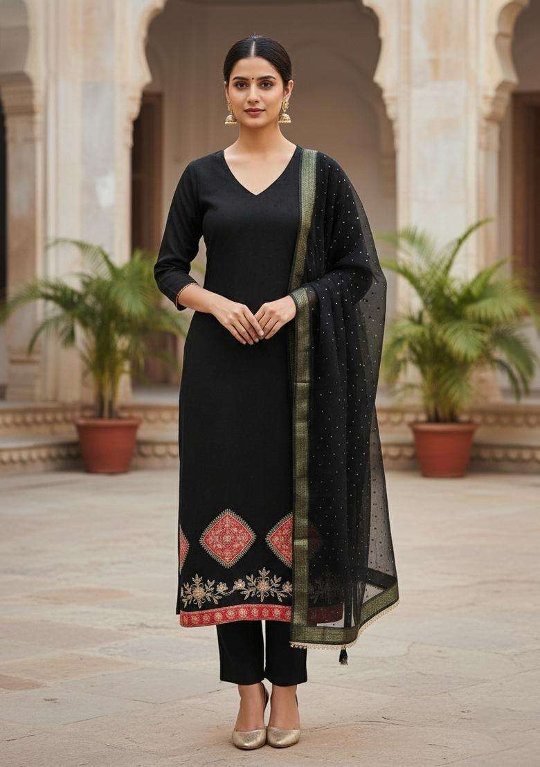 Black Embroidery Cotton Salwar Kameez - Indya