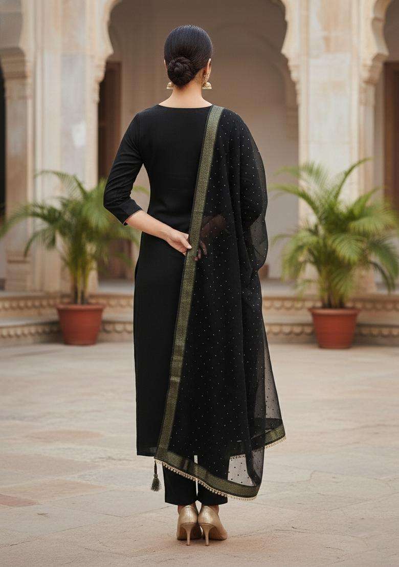 Black Embroidery Cotton Salwar Kameez - Indya