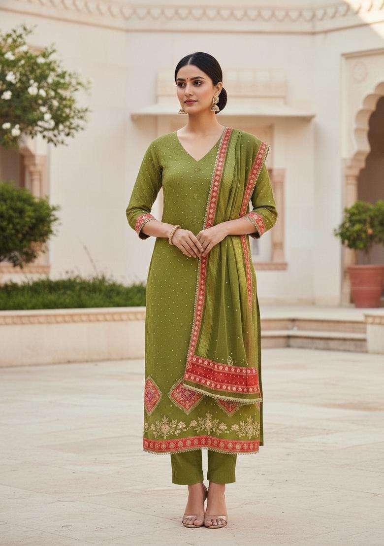 Green Embroidery Cotton Salwar Kameez - Indya