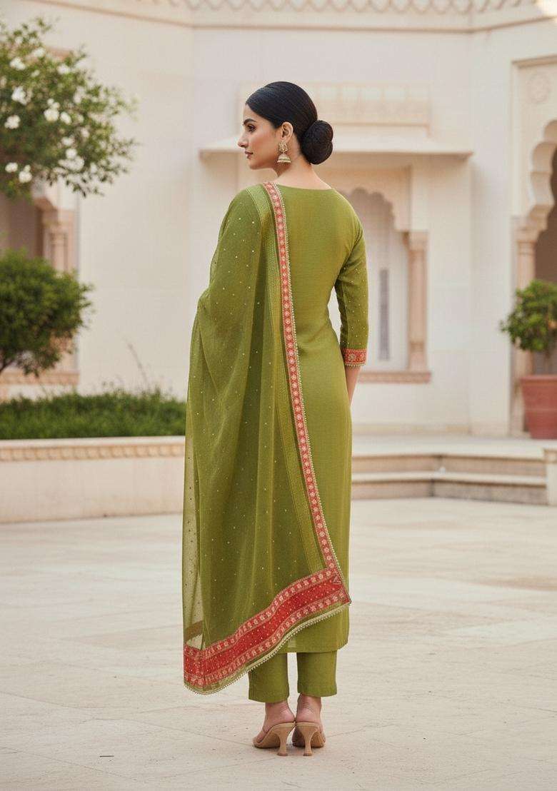 Green Embroidery Cotton Salwar Kameez - Indya