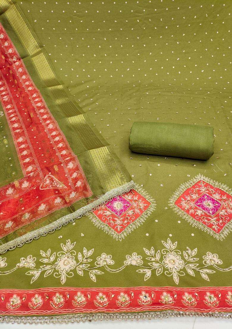 Green Embroidery Cotton Salwar Kameez - Indya