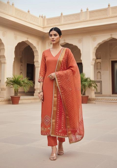Rust Embroidery Cotton Salwar Kameez
