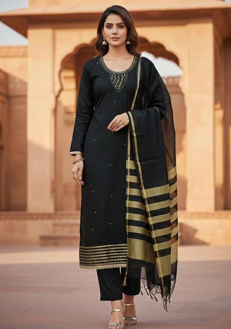 Black Embroidery Chanderi Salwar Kameez - Indya