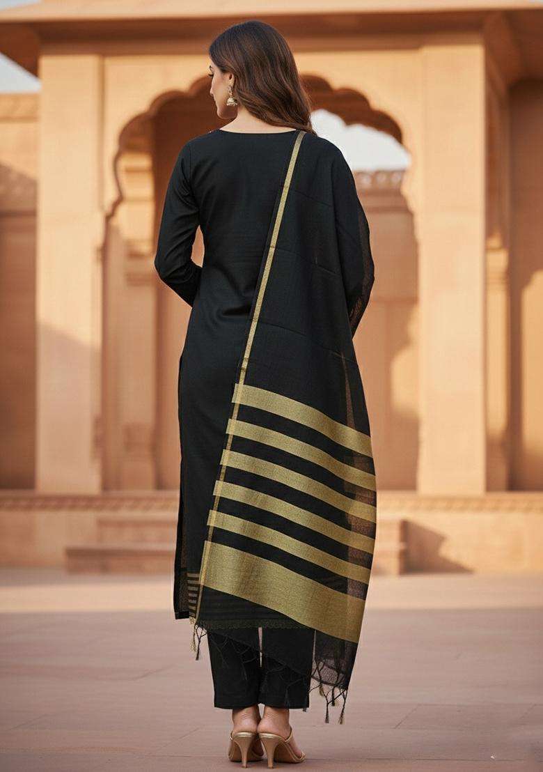 Black Embroidery Chanderi Salwar Kameez - Indya