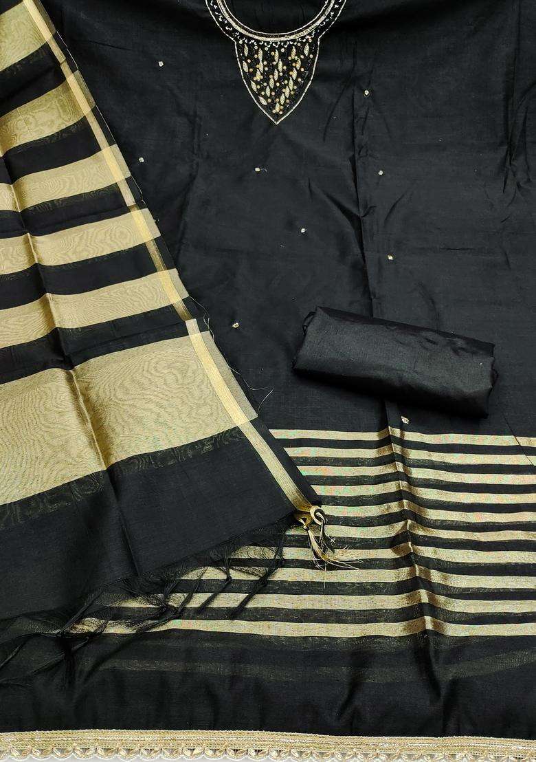 Black Embroidery Chanderi Salwar Kameez - Indya