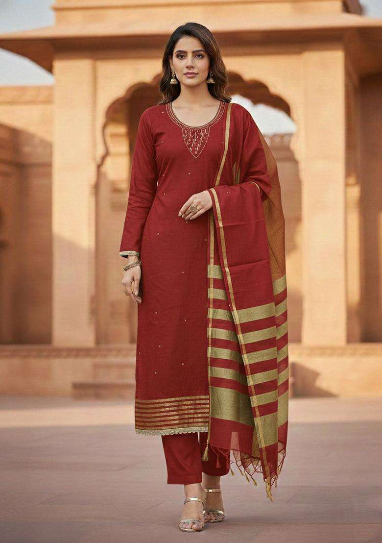 maroon Embroidery Chanderi Salwar Kameez - Indya