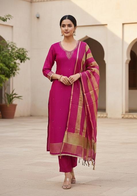 Magenta Embroidery Chanderi Salwar Kameez