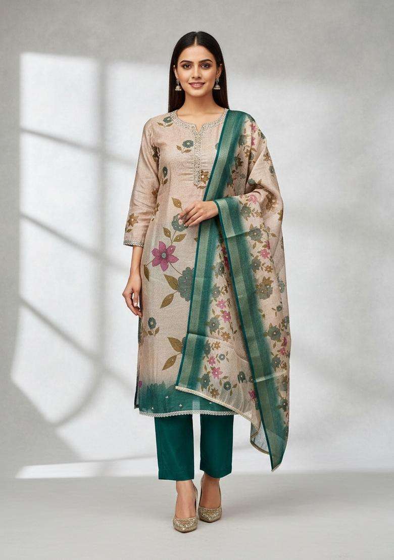 Beige Embroidery Silk Salwar Kameez - Indya
