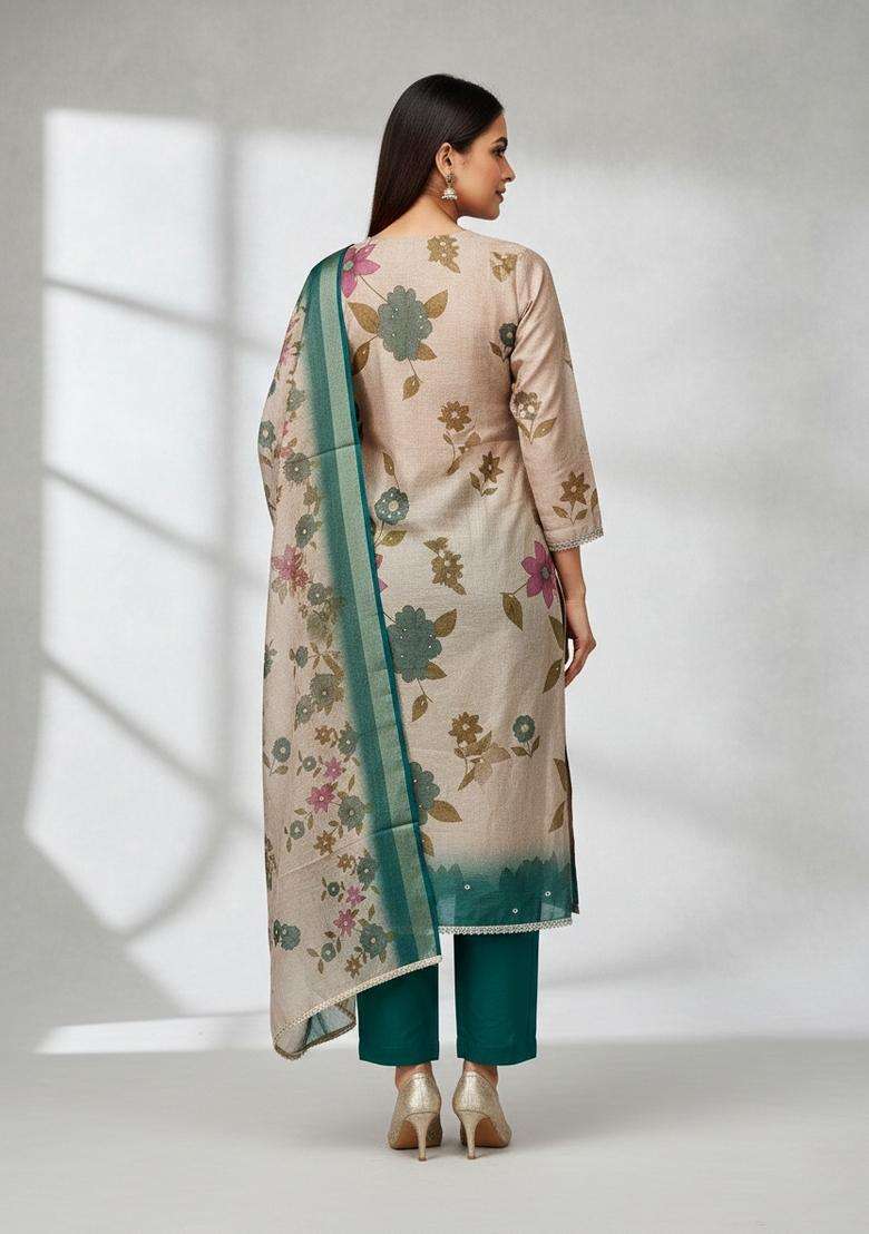 Beige Embroidery Silk Salwar Kameez - Indya