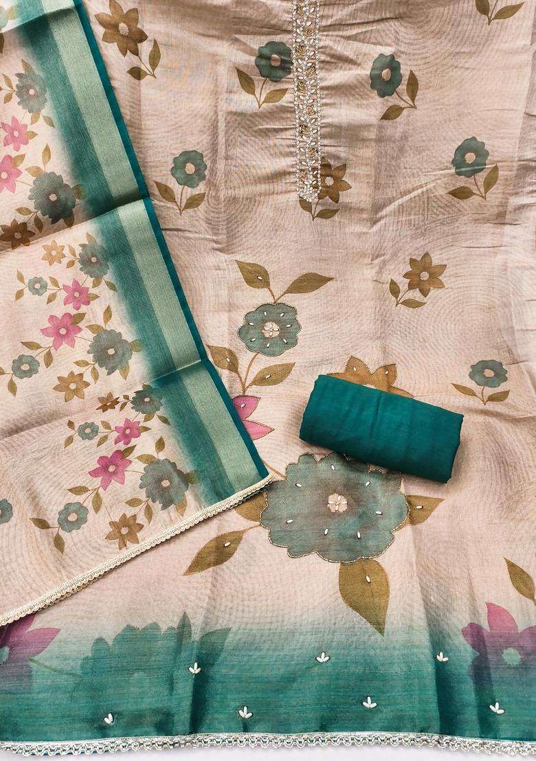 Beige Embroidery Silk Salwar Kameez - Indya