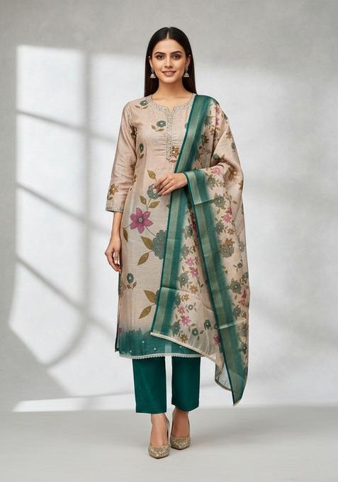 Beige Embroidery Silk Salwar Kameez