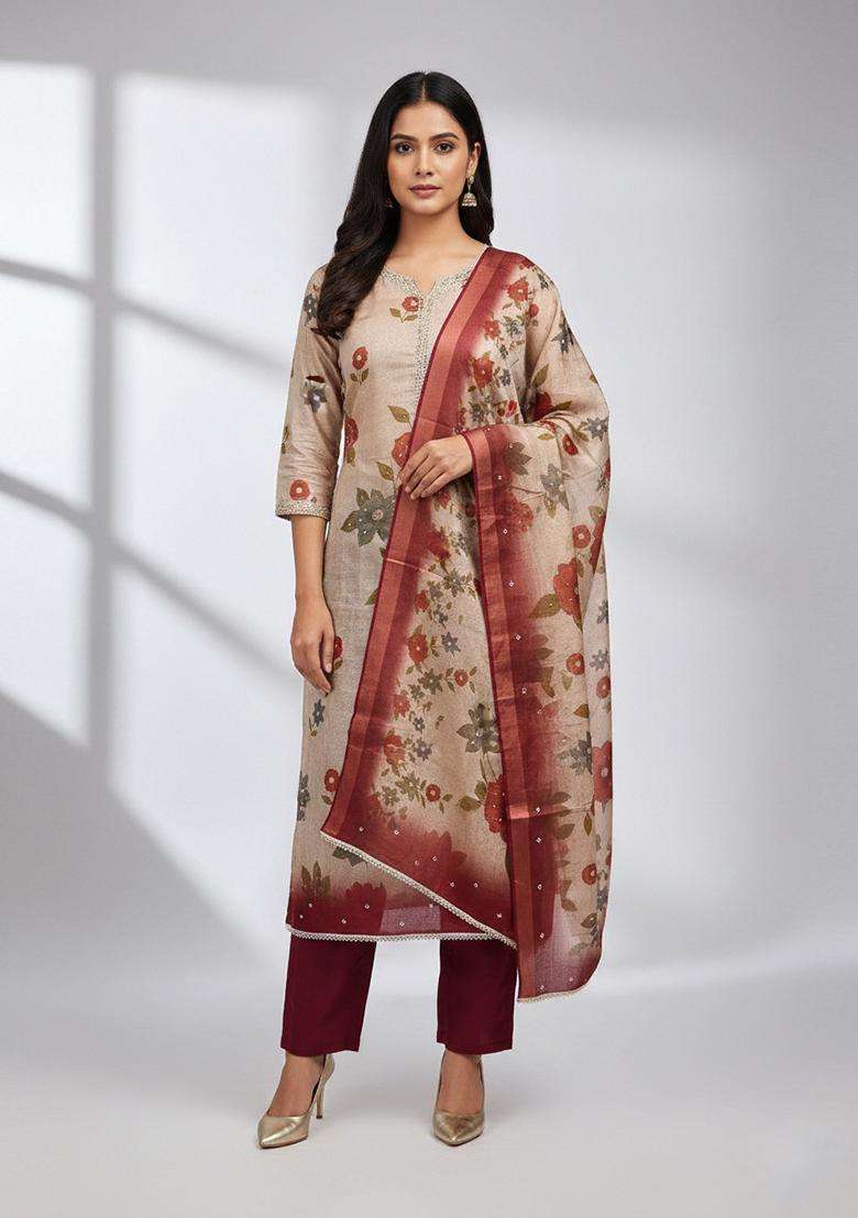Beige Embroidery Silk Salwar Kameez - Indya