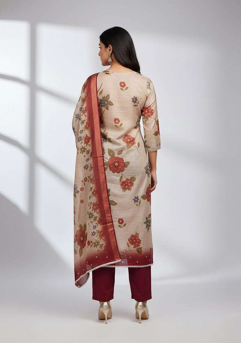 Beige Embroidery Silk Salwar Kameez - Indya