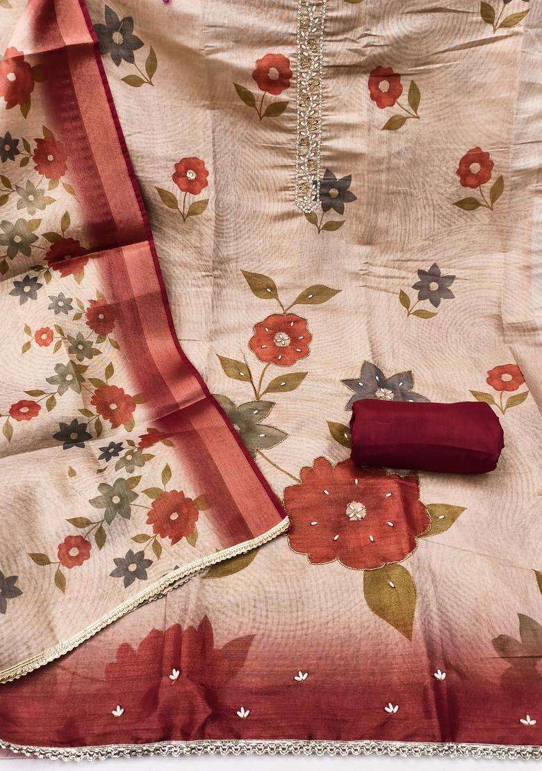Beige Embroidery Silk Salwar Kameez - Indya
