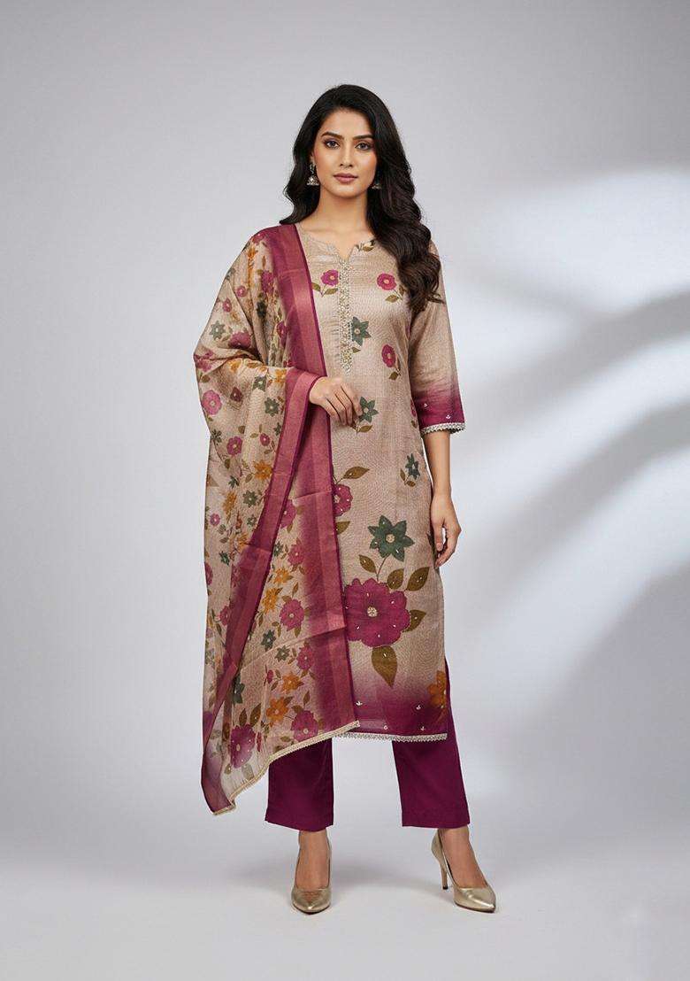 Beige Embroidery Silk Salwar Kameez - Indya