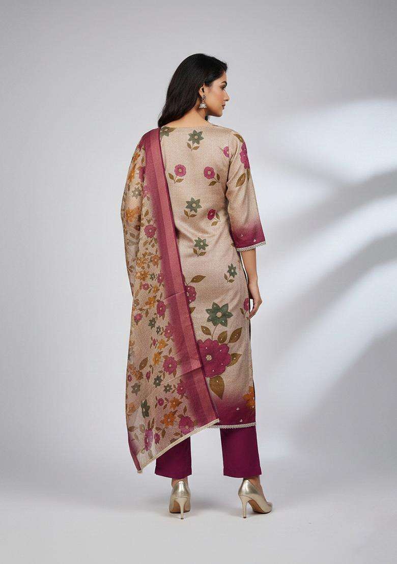 Beige Embroidery Silk Salwar Kameez - Indya