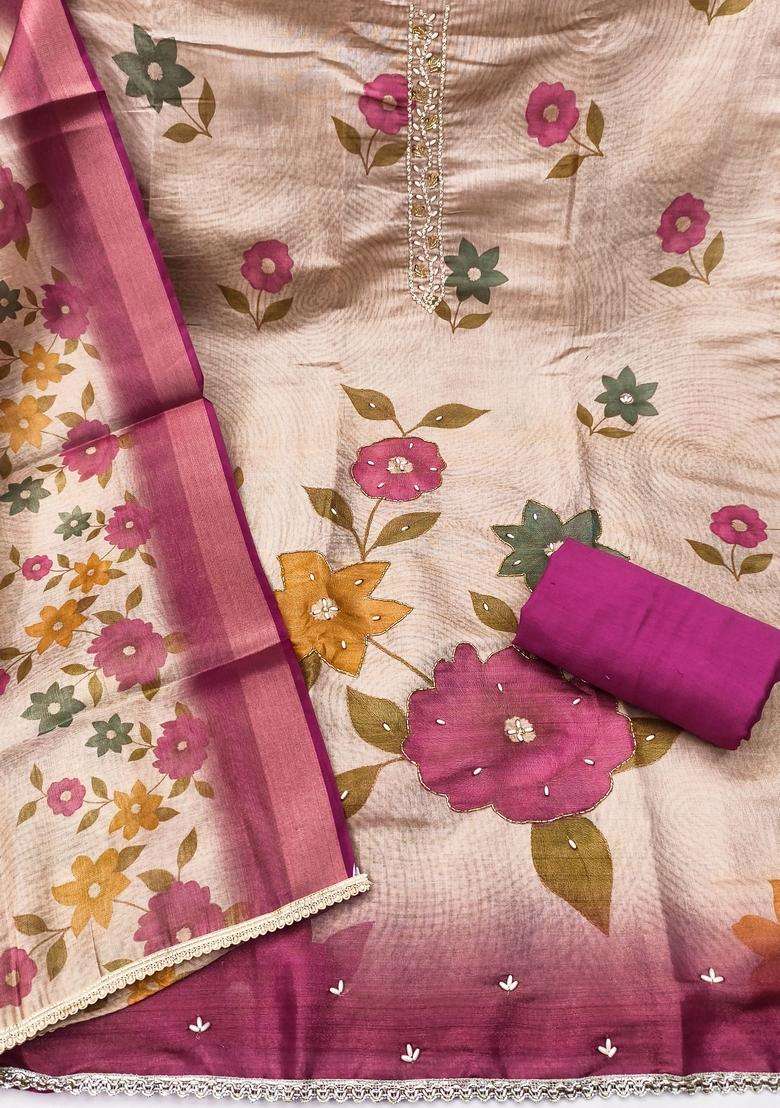 Beige Embroidery Silk Salwar Kameez - Indya
