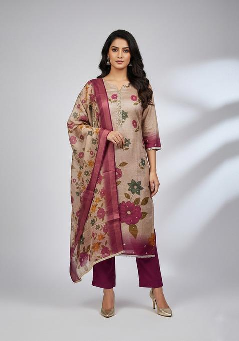 Beige Embroidery Silk Salwar Kameez