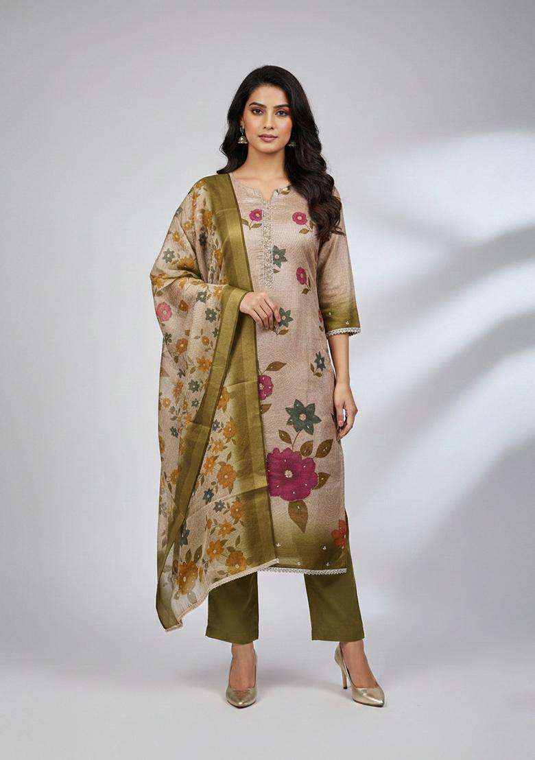 Beige Embroidery Silk Salwar Kameez - Indya