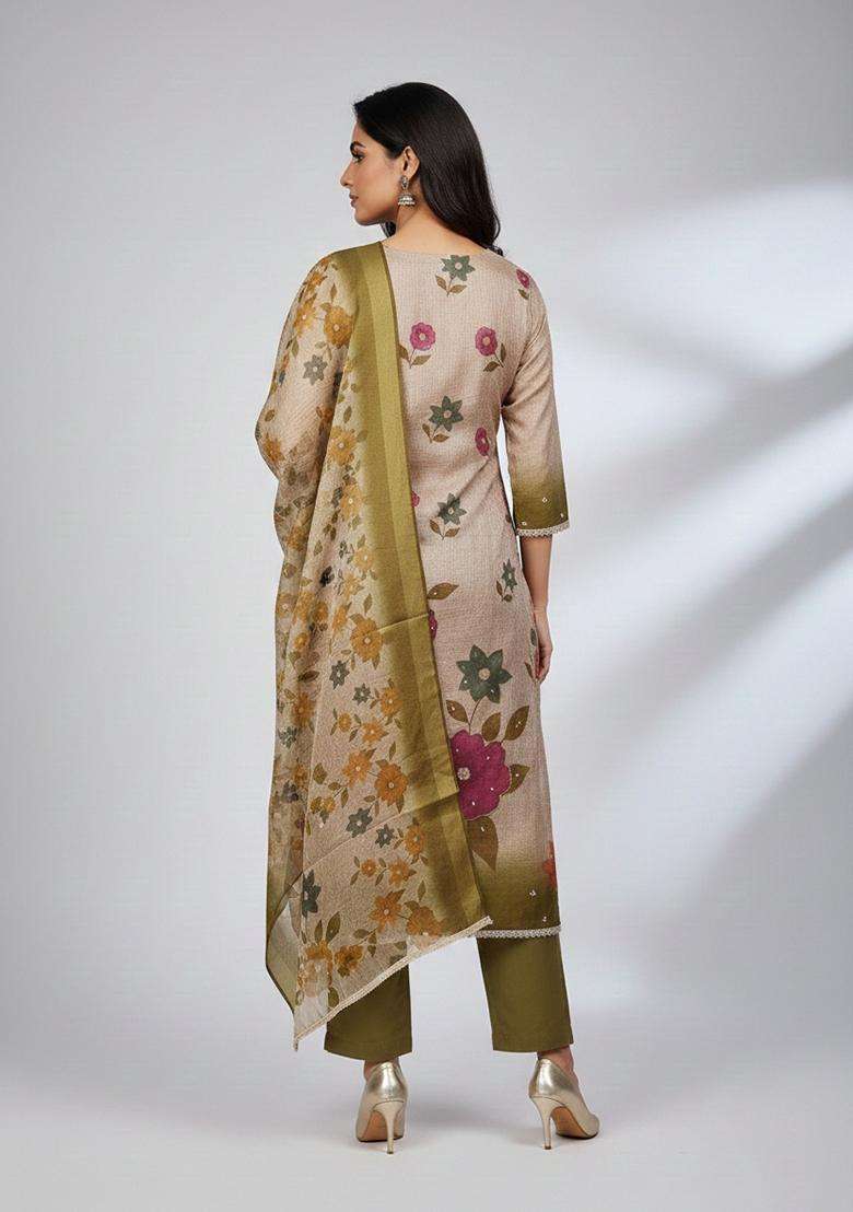 Beige Embroidery Silk Salwar Kameez - Indya