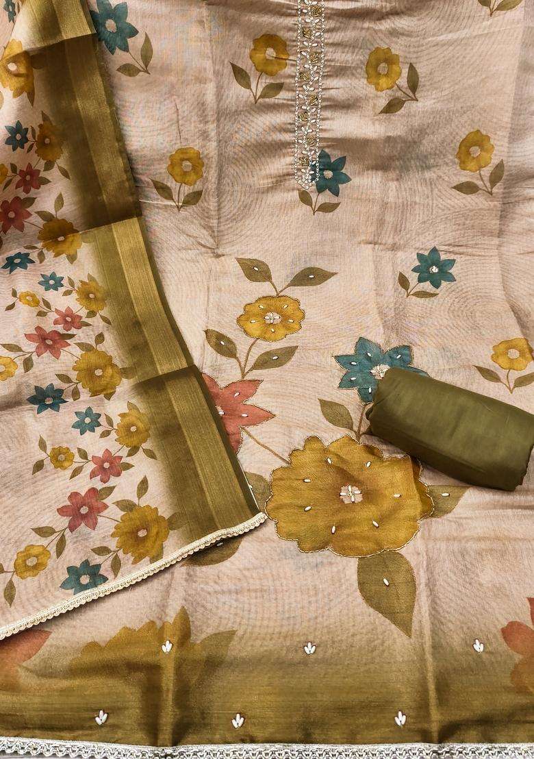 Beige Embroidery Silk Salwar Kameez - Indya