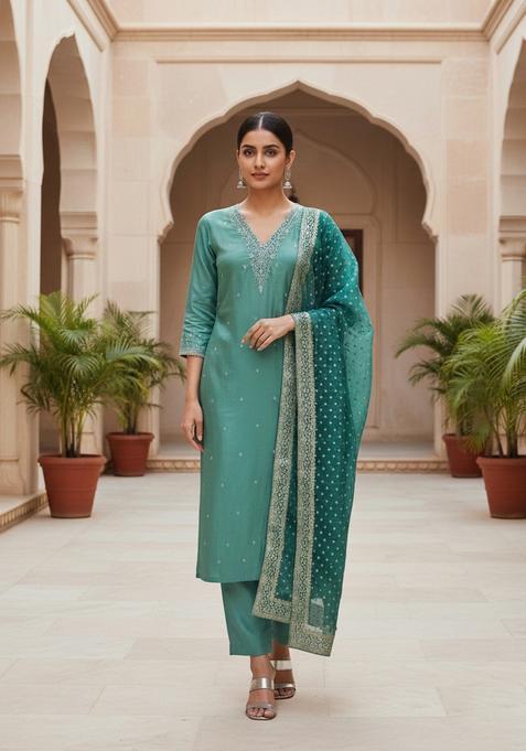 Sea Green Embroidery Cotton Salwar Kameez