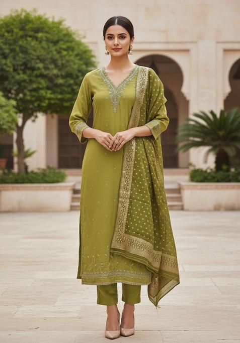 Mehandi Embroidery Cotton Salwar Kameez