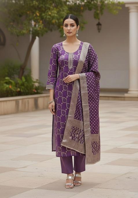Purple Embroidery Silk Salwar Kameez