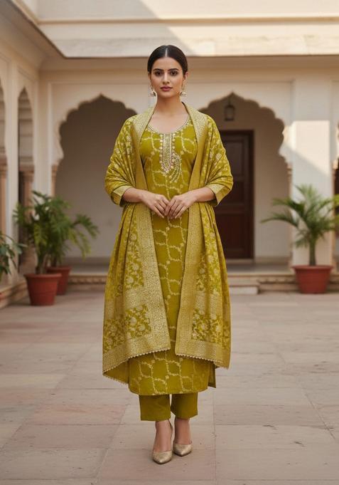 Mehandi Embroidery Silk Salwar Kameez