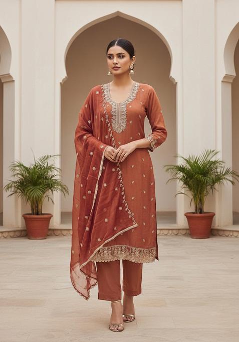 Rust Embroidery Georgette Salwar Kameez