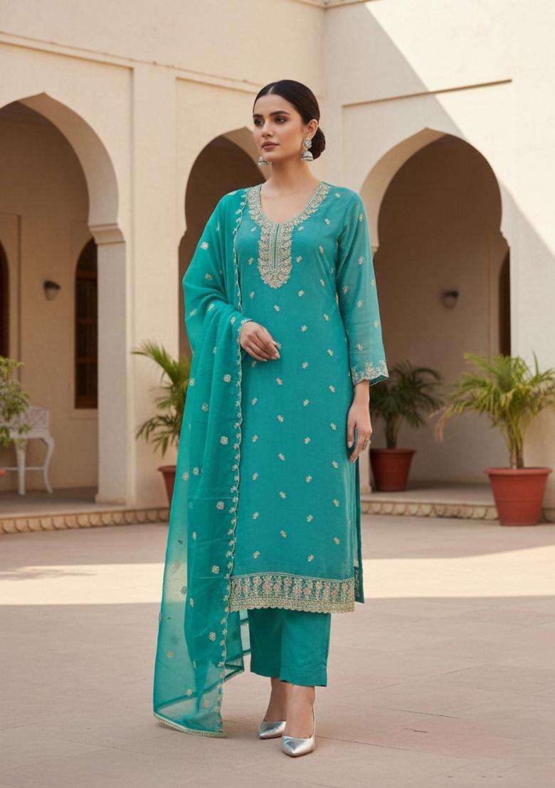 Sea Green Embroidery Georgette Salwar Kameez - Indya