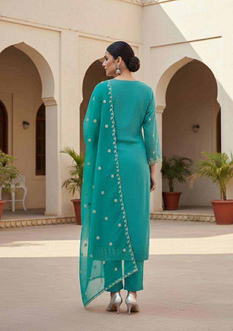 Sea Green Embroidery Georgette Salwar Kameez - Indya
