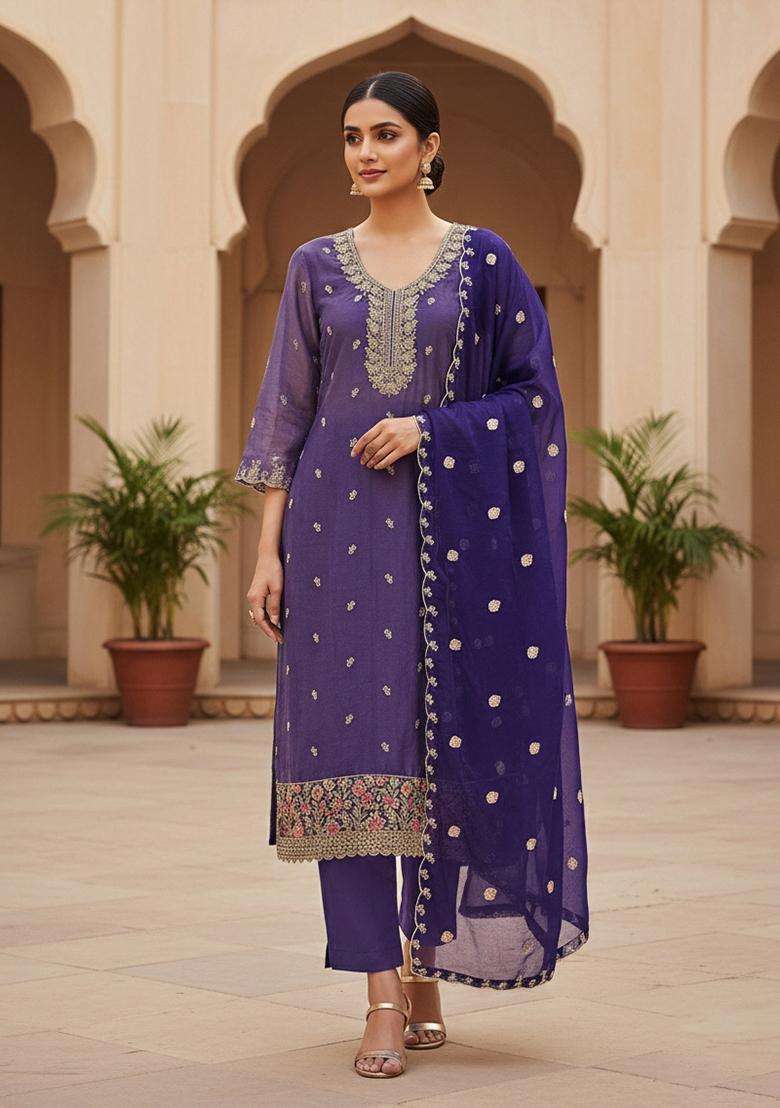 Blue Embroidery Georgette Salwar Kameez - Indya
