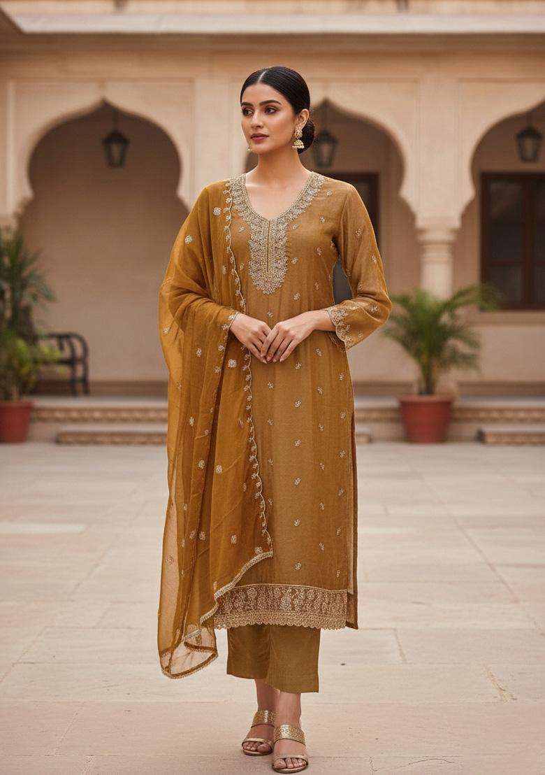 Mustard Embroidery Georgette Salwar Kameez - Indya