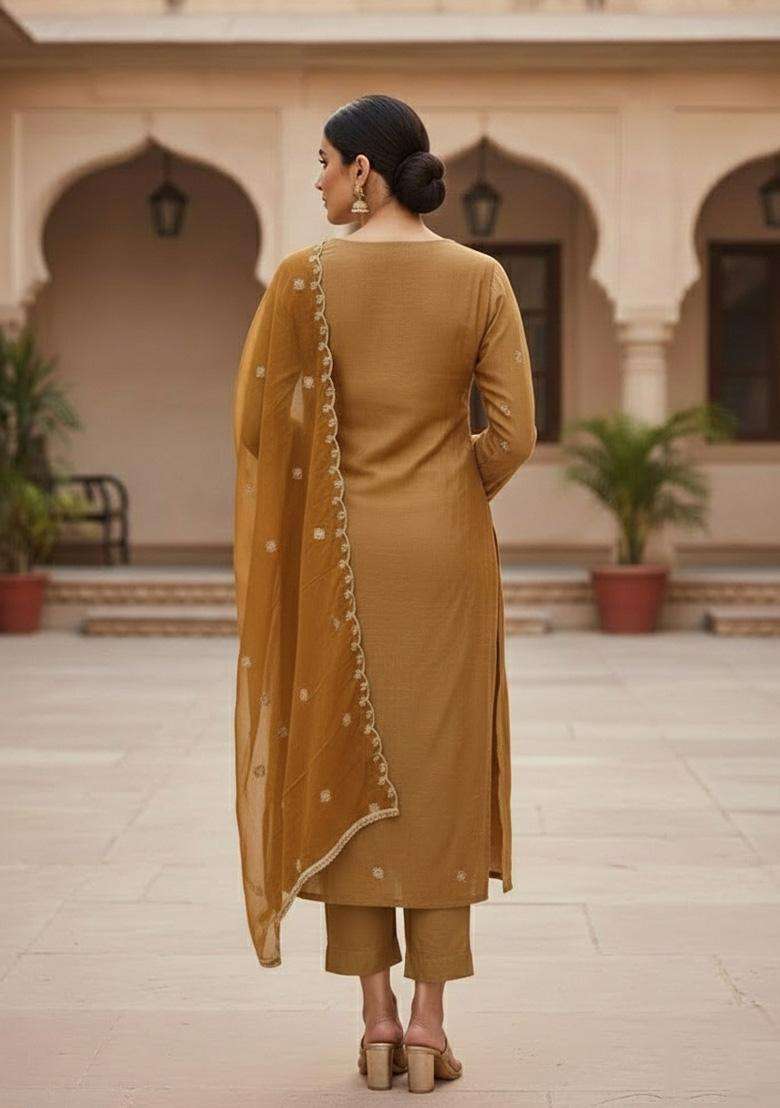 Mustard Embroidery Georgette Salwar Kameez - Indya