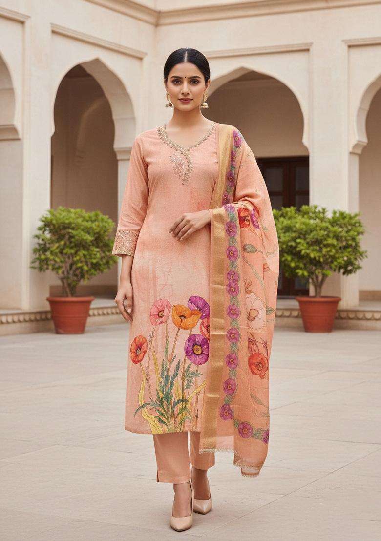 Peach Embroidery Cotton Salwar Kameez - Indya
