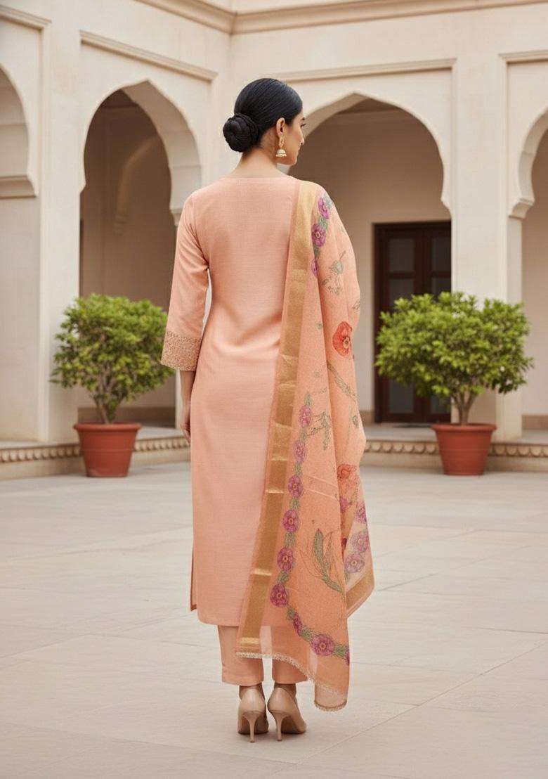Peach Embroidery Cotton Salwar Kameez - Indya