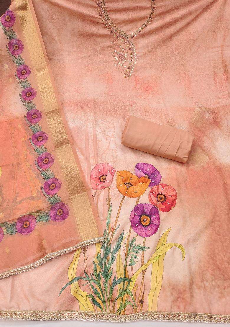 Peach Embroidery Cotton Salwar Kameez - Indya