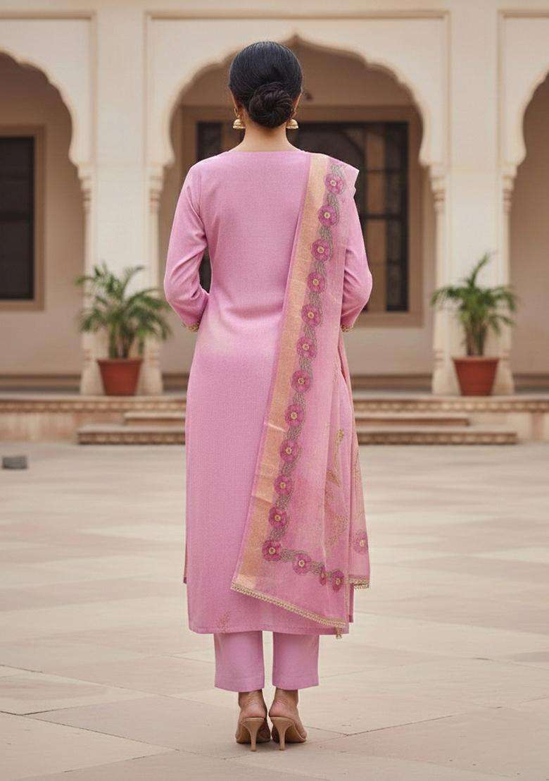 Pink Embroidery Cotton Salwar Kameez - Indya