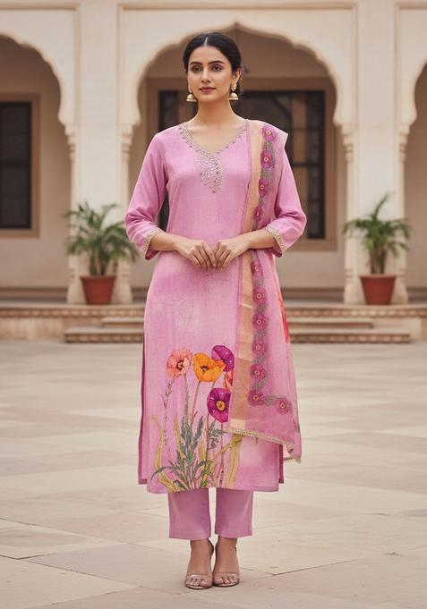 Pink Embroidery Cotton Salwar Kameez — view on Indya