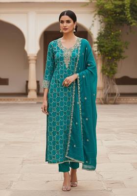 Sea Green Embroidery Silk Salwar Kameez