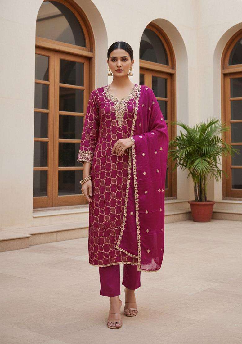 Magenta Embroidery Silk Salwar Kameez - Indya