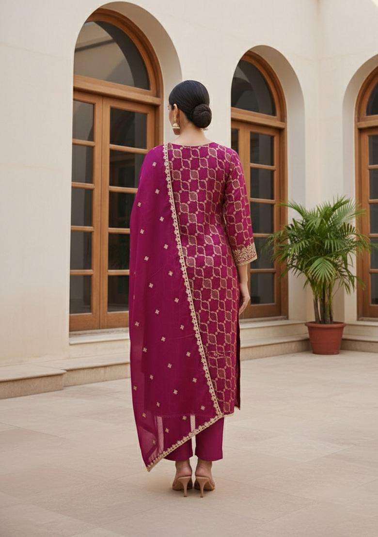 Magenta Embroidery Silk Salwar Kameez - Indya