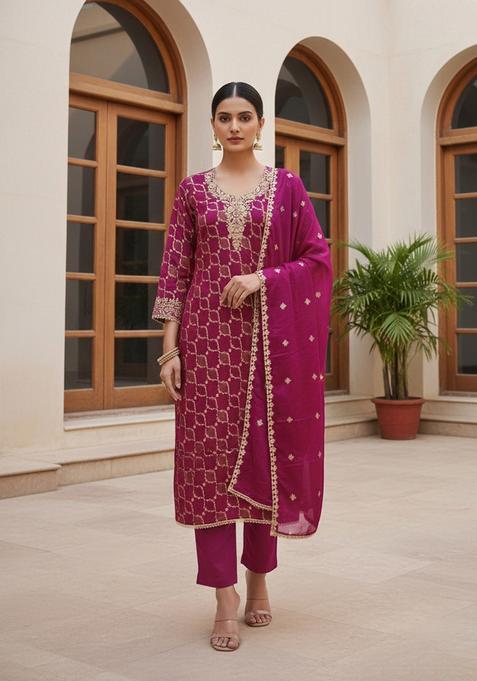 Magenta Embroidery Silk Salwar Kameez