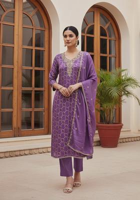 Purple Embroidery Silk Salwar Kameez