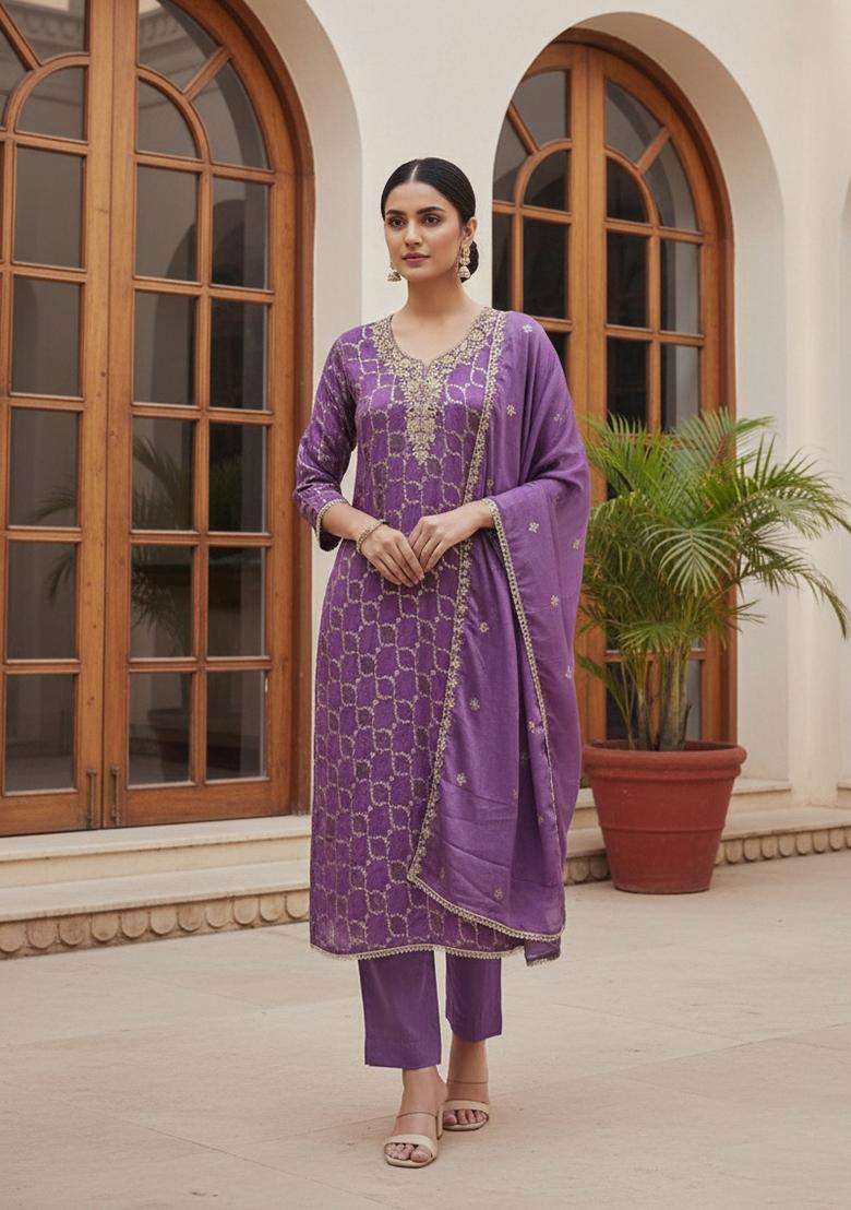 Purple Embroidery Silk Salwar Kameez - Indya