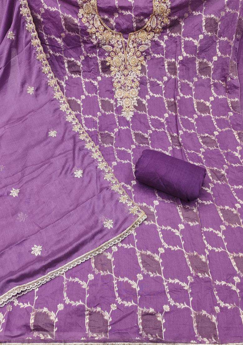 Purple Embroidery Silk Salwar Kameez - Indya